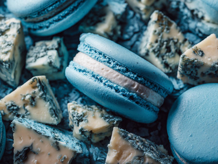 French macaroons with blue and white chocolate. Toned.の素材