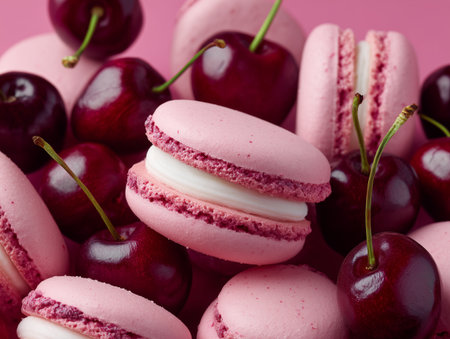 Macaroons with cherries on a pink background. Close up.の素材