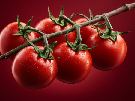 Branch of cherry tomatoes with drops of water on a red backgroundの素材