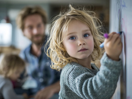 Portrait of a cute little girl drawing on a chalkboard with her teacher in the backgroundの素材