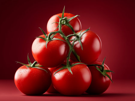 Bunch of fresh red tomatoes with water drops isolated on red backgroundの素材