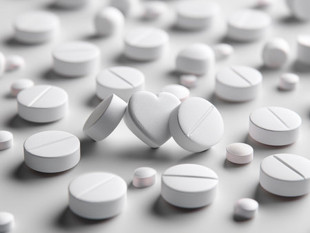 White pills and heart on white background. 3D rendering illustration.の素材