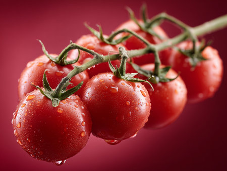 Bunch of fresh cherry tomatoes with water drops on a red backgroundの素材