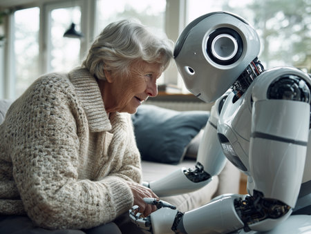 Elderly woman sitting on sofa and looking at robot. Side view.の素材