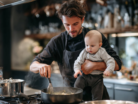 Portrait of a father and his son cooking in the kitchen.の素材