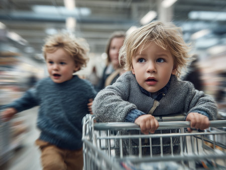 Shopping with children. Blonde-haired boy in a gray sweater pushing a shopping cart with his brothersの素材