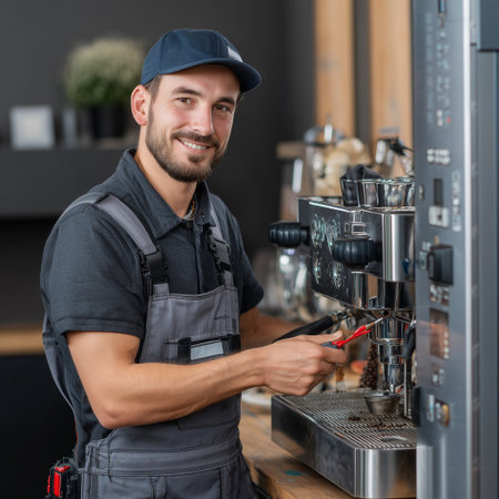Portrait of smiling male barista using coffee machine in coffee shopの素材