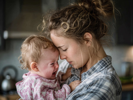 Young mother kissing her baby daughter in the kitchen. Happy family conceptの素材