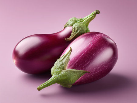 Purple eggplants on a pink background. Clipping Pathの素材
