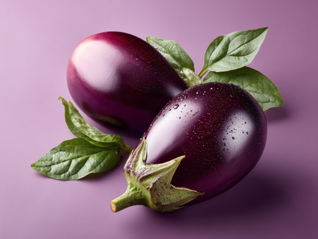 Fresh aubergine with leaves on purple background, close-upの素材