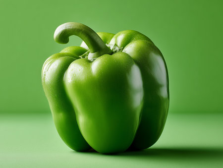 Green bell pepper on a green background. Close-up. Studio photography.の素材