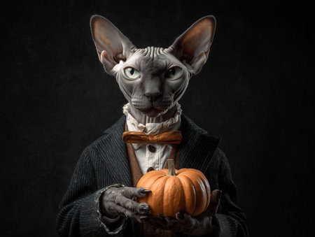Sphynx cat with pumpkin on black background. Halloween conceptの素材