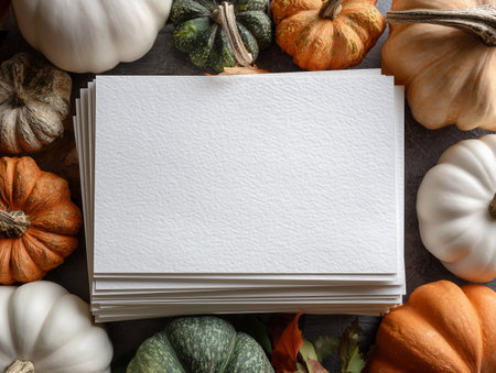Blank card and decorative pumpkins on gray background, top viewの素材