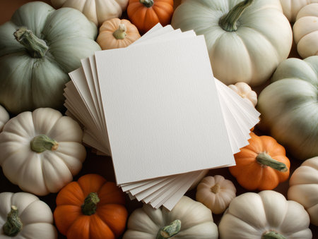 Pumpkin and white paper card on a background of pumpkinsの素材