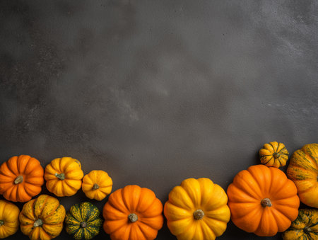 Autumn background with pumpkins on dark background. Top view with copy spaceの素材