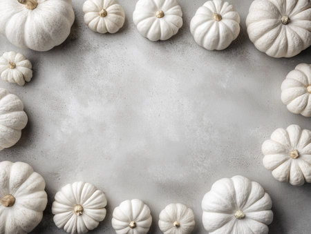 White pumpkins on gray background. Top view with copy space.の素材