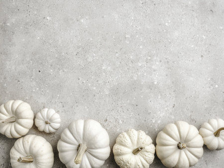 White pumpkins on gray stone background. Top view with copy space.の素材