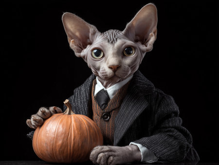 Portrait of a Sphynx cat in a suit with a pumpkin on a black backgroundの素材