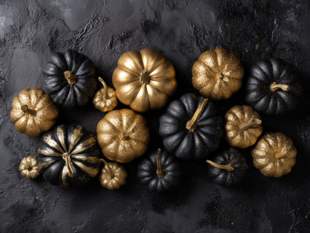 Golden and black decorative pumpkins on black background, top view.の素材