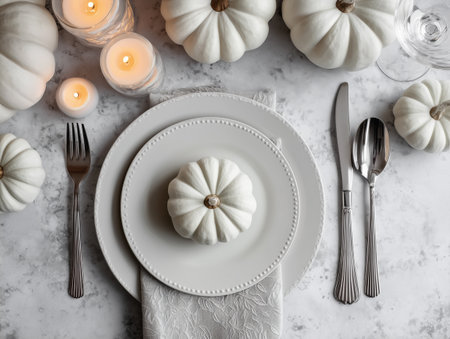 Beautiful table setting with white pumpkins and candles on light backgroundの素材