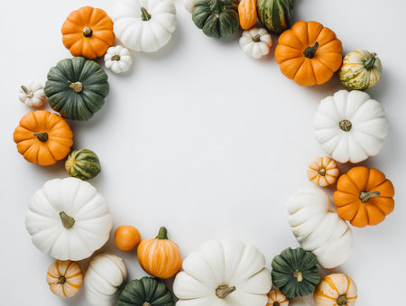 top view of decorative pumpkins on white background with space for textの素材