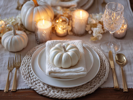 Festive table setting with white pumpkins and candles in the interiorの素材