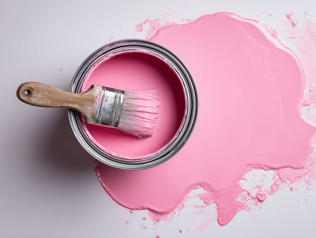 Paint can with pink paint and brush on white background, top viewの素材
