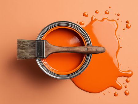 Paint can and paintbrush on orange background. 3d renderingの素材