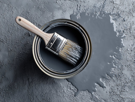 Paint can and brush on gray concrete background. Top view.の素材