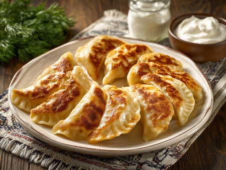 Fried dumplings with sour cream on a plate, verticalの素材