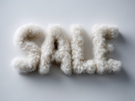 sale word made from white fluffy sheepskin on white background, close upの素材