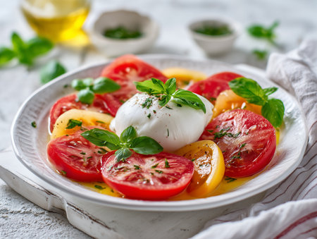 Caprese salad with tomatoes, mozzarella cheese and basilの素材