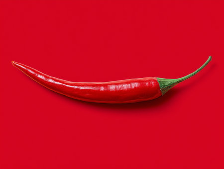 Red hot chili pepper on a red background. Minimal concept.の素材