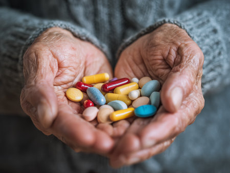 Hands of an elderly woman holding a handful of colorful pills.の素材