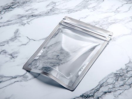 Plastic bag on white marble background. 3d render illustration.の素材