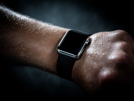 Smart watch with a black screen on a male hand on a dark backgroundの素材