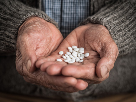 Old woman holding a handful of pills. Selective focus. Toned.の素材