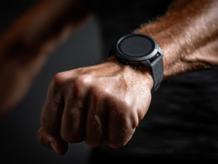 closeup of African American man using smartwatch on dark backgroundの素材