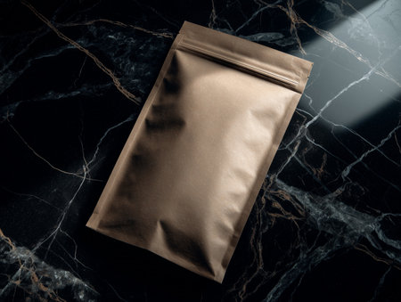 Brown paper bag mockup on black marble background. 3d renderingの素材