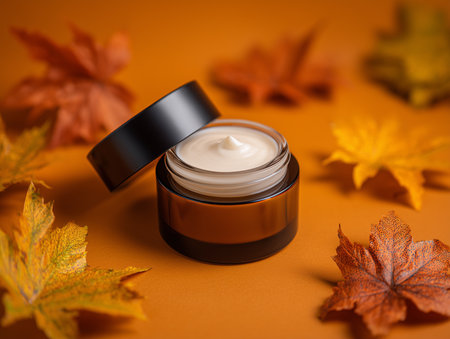 Cosmetic cream in a jar and autumn leaves on an orange backgroundの素材