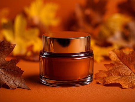 Cosmetic cream in a glass jar on a background of autumn leavesの素材