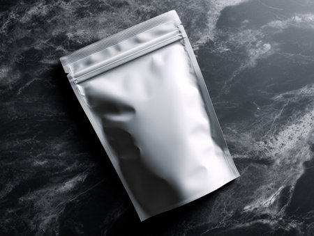 Blank white plastic bag on black marble background. 3d renderingの素材