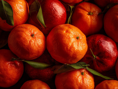 Tangerines with leaves on a wooden background. Top view.の素材