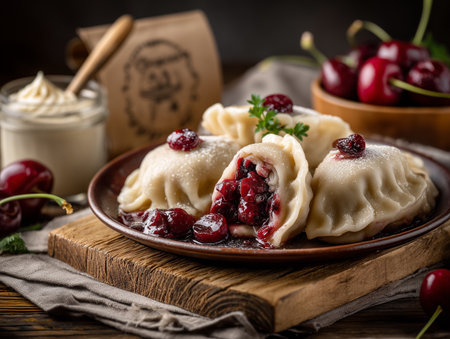 Pierogi with cherries and sour cream on a wooden backgroundの素材