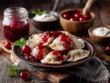Dumplings with cherry sauce and sour cream on a wooden backgroundの素材