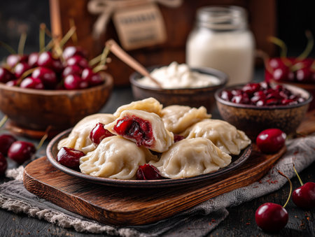 Traditional Georgian dumplings khinkali with cherriesの素材