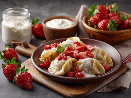 Strawberry dumplings with sour cream and strawberries on a plateの素材