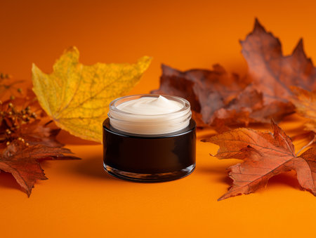 Cosmetic cream in a jar on an orange background with autumn leavesの素材