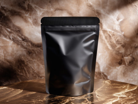 Black doy pack on brown marble background, mockup for designsの素材