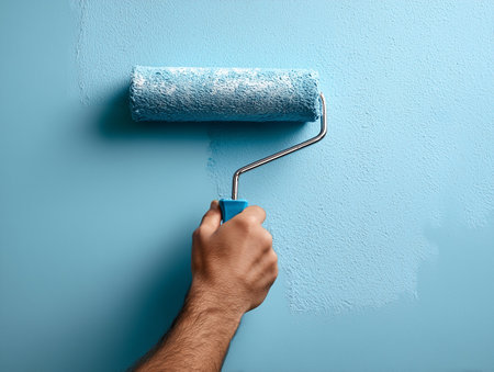 Male hand paints the wall with a paint roller on a blue backgroundの素材